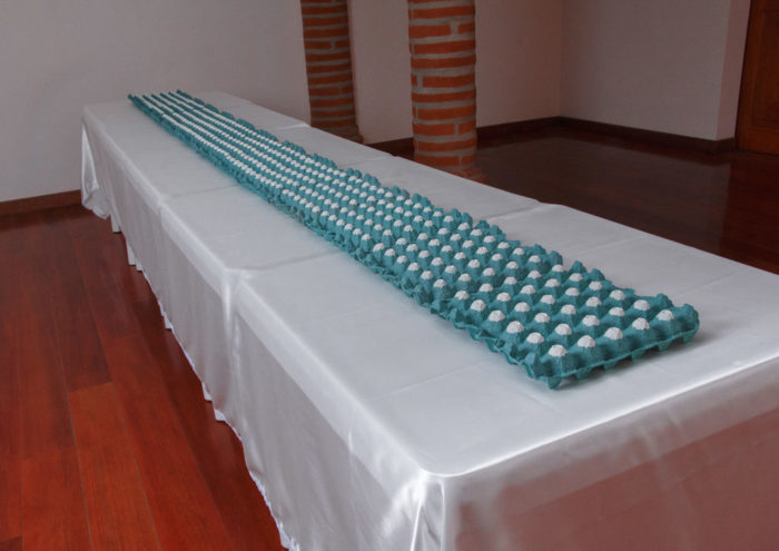 Cordillera 2018 | Cartón de huevos ¨masilla de pared¨ mesas plásticas de comedor¨ mantel Medidas: 79 x 400 x 79 cm
